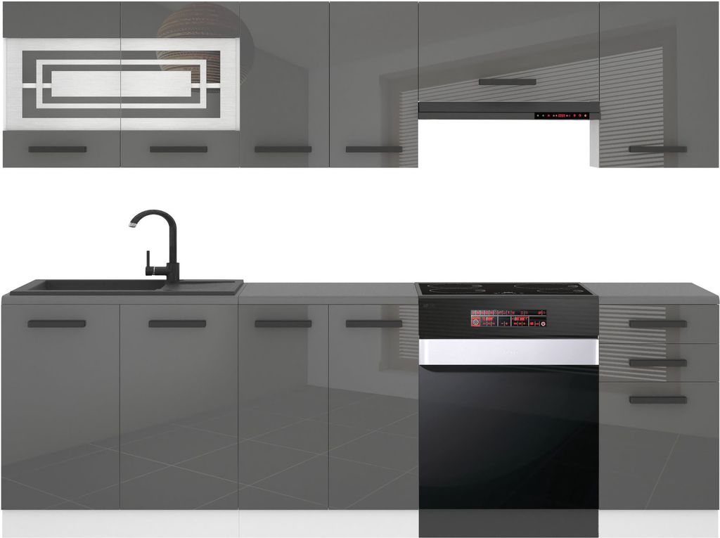 Belini Küchenzeile Küchenblock Lily - Küchenmöbel 240 cm Einbauküche Vollausstattung ohne Elektrogeräten mit Hängeschränke und Unterschrän...