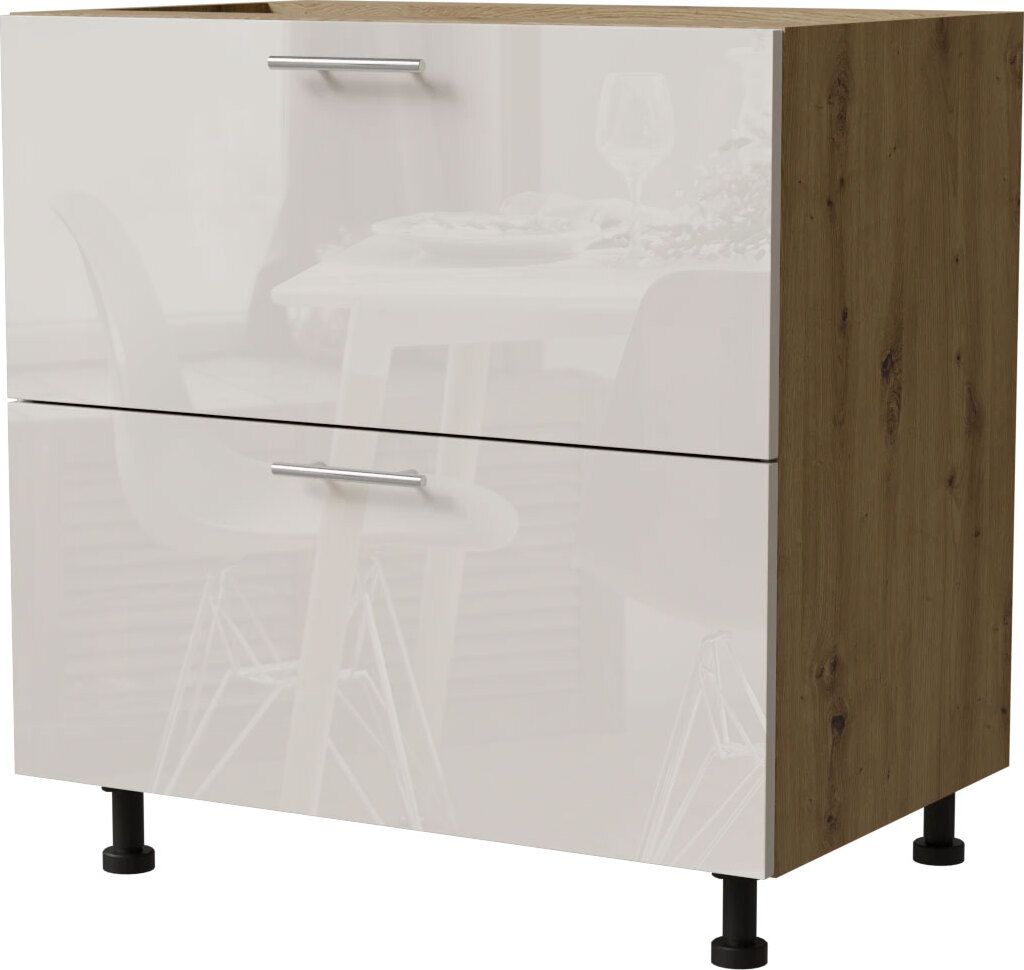 Schubladenunterschrank BRERRA 80cm HETTICH Vollauszug Farbe wählbar BR-D2A/80/1A,RAL 9001 creme Hochglanz,Eiche Artisan