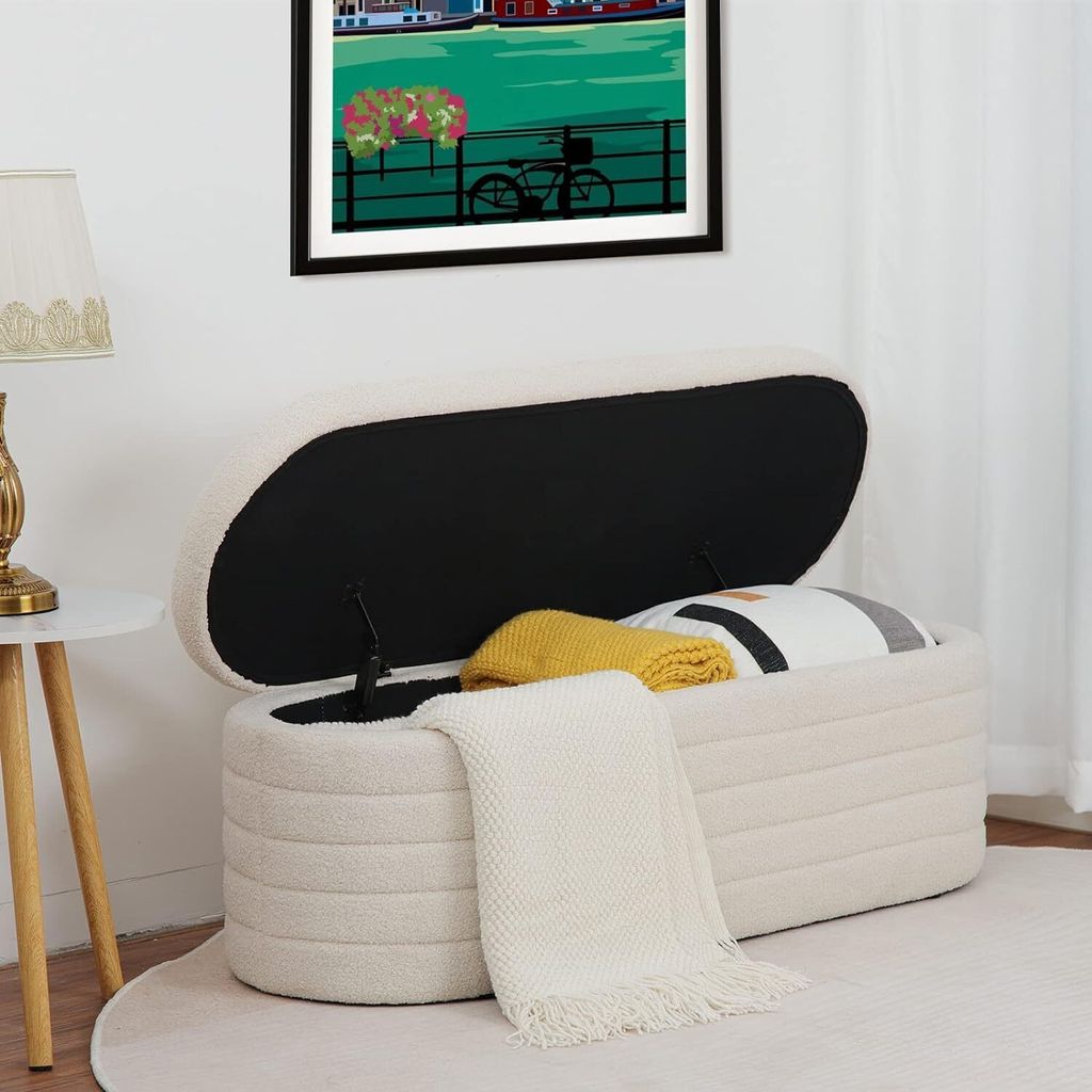 Sitzbank mit Stauraum, Schuhbank mit Sitzfläche, Teddystoff Produktbild 2