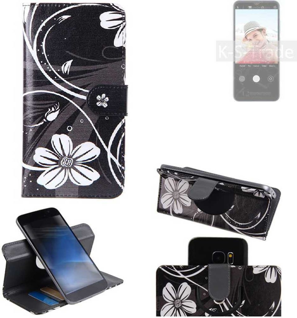 K-S-Trade Schutzhülle Handyhülle kompatibel mit Blackview A52 Hülle 360° Wallet Case ''Flowers'' Klapphülle Hülle schwarz-weiß 1x