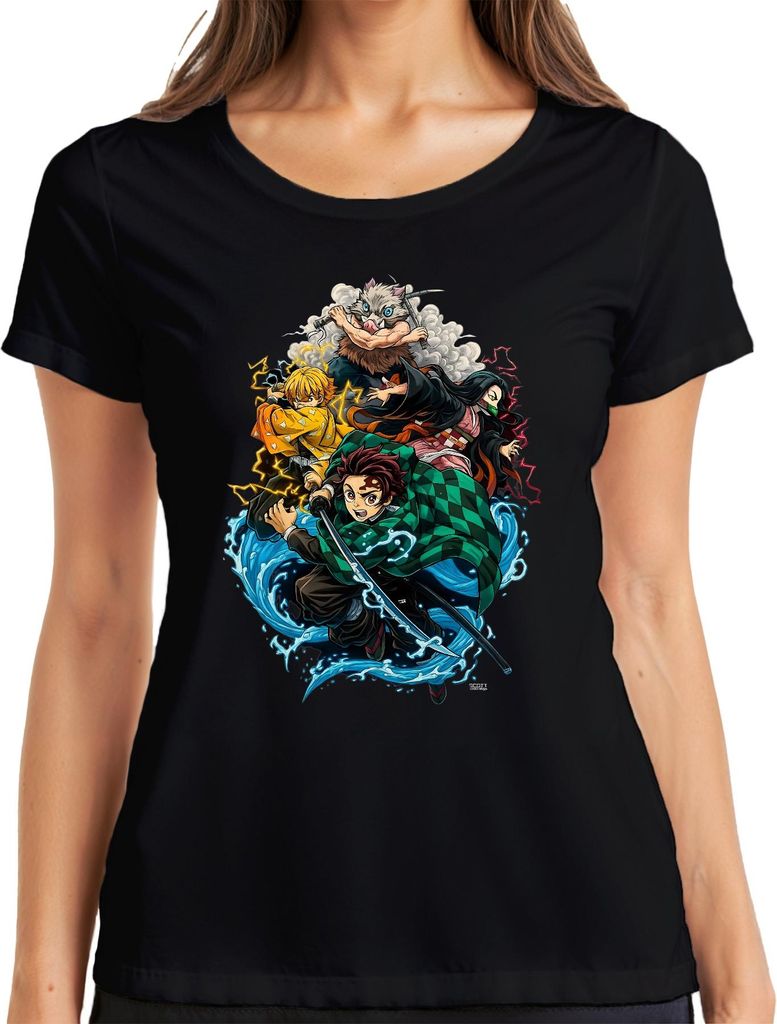 Demon Slayer Kimetsu no Yaiba Tanjiro Nezuko Zenitsu Fan Geschenk Damen T-Shirt, Schwarz, M
