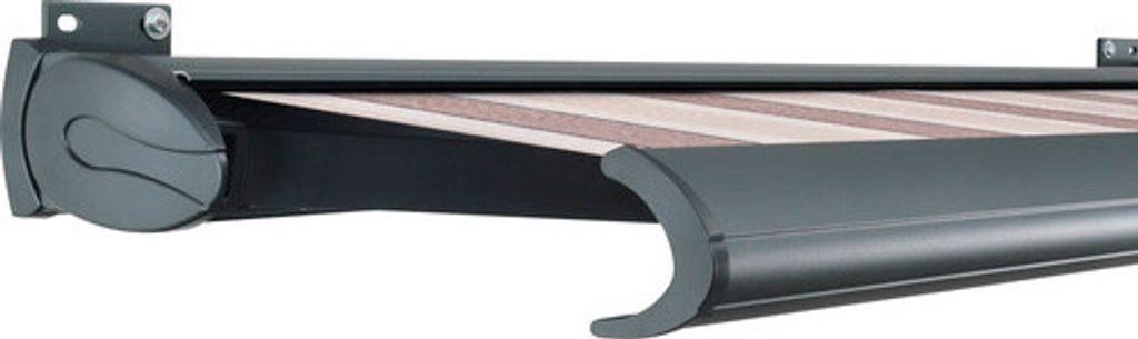 SOLUNA Kassettenmarkise Exklusiv 5,5x3 Dessin 8935 Gestell RAL 7016 anthrazitgrau Antrieb links inkl. Motor und Wandscha