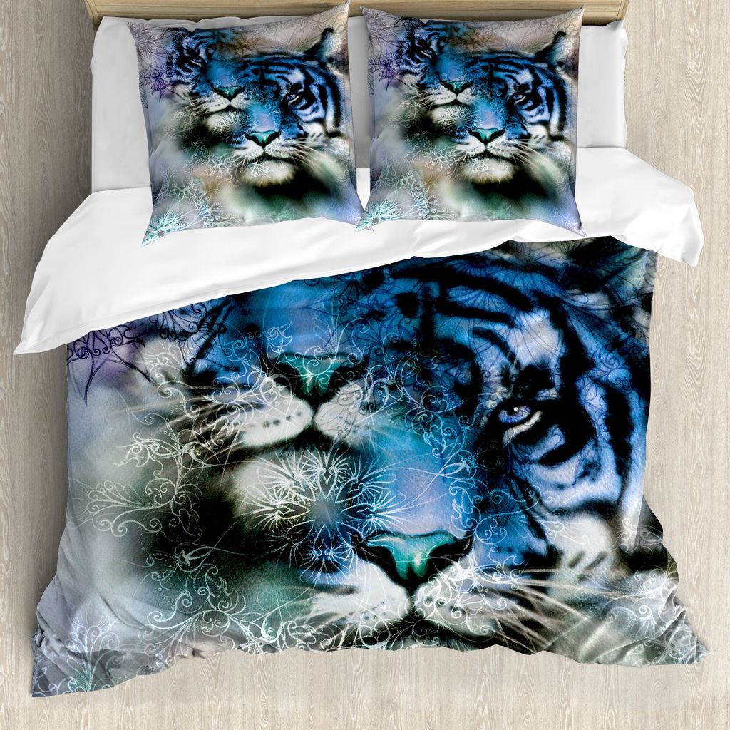 ABAKUHAUS Tier Bettbezug, Safari Tigers, Milbensicher Allergiker geeignet mit Kissenbezügen, 155 cm x 220 cm - 80 x 80 cm, Blau Schwarz-Weiß