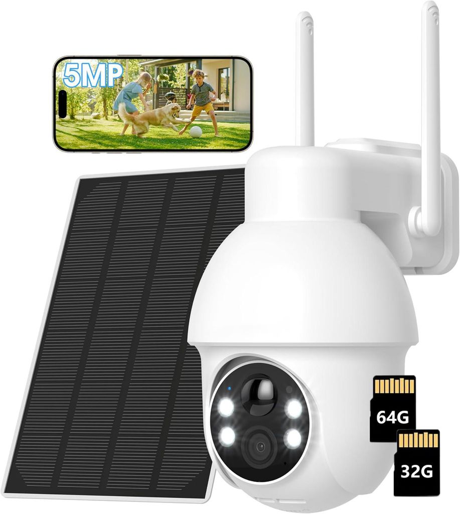5MP Überwachungskamera Aussen Akku Kabellose Kamera WLAN Outdoor mit Solarpanel Solar Kamera Überwachung Aussen Akku 2-Wege-Audio mit 32G&64G Karte