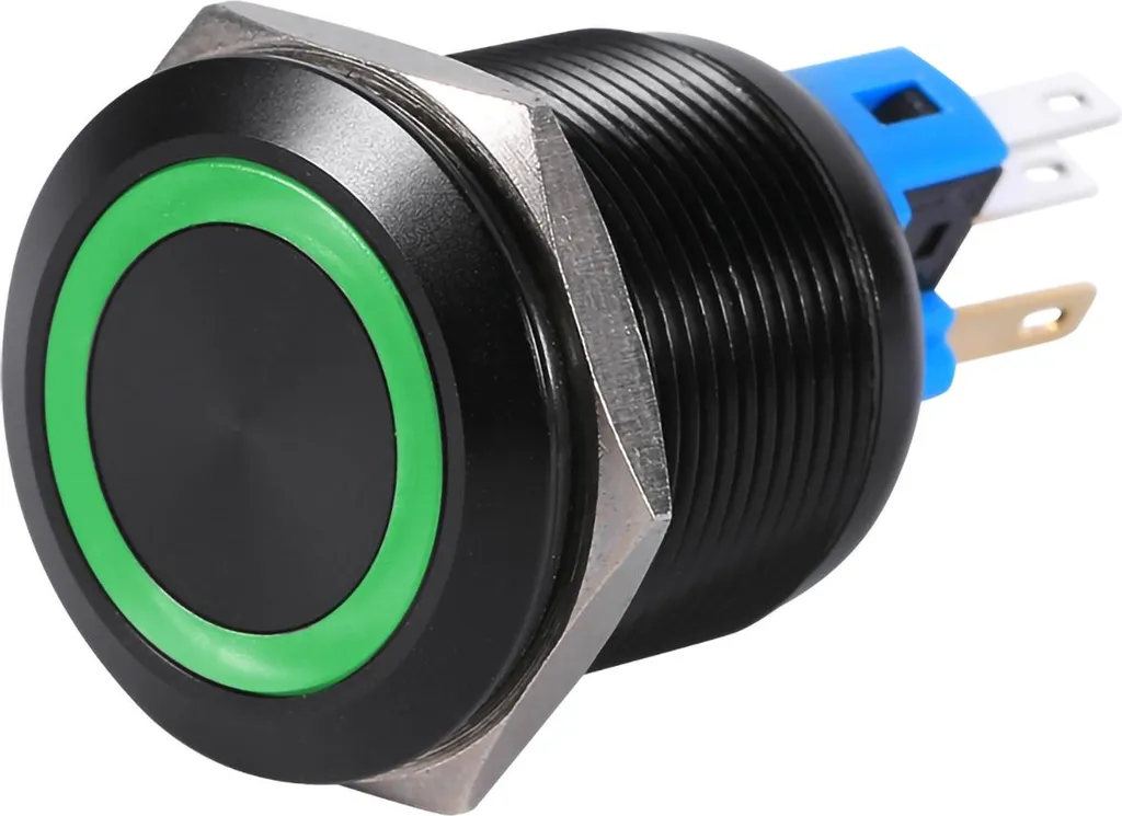 Interruttore 22mm 12V-24V LED Verde Impermeabile Autobloccante Metallo