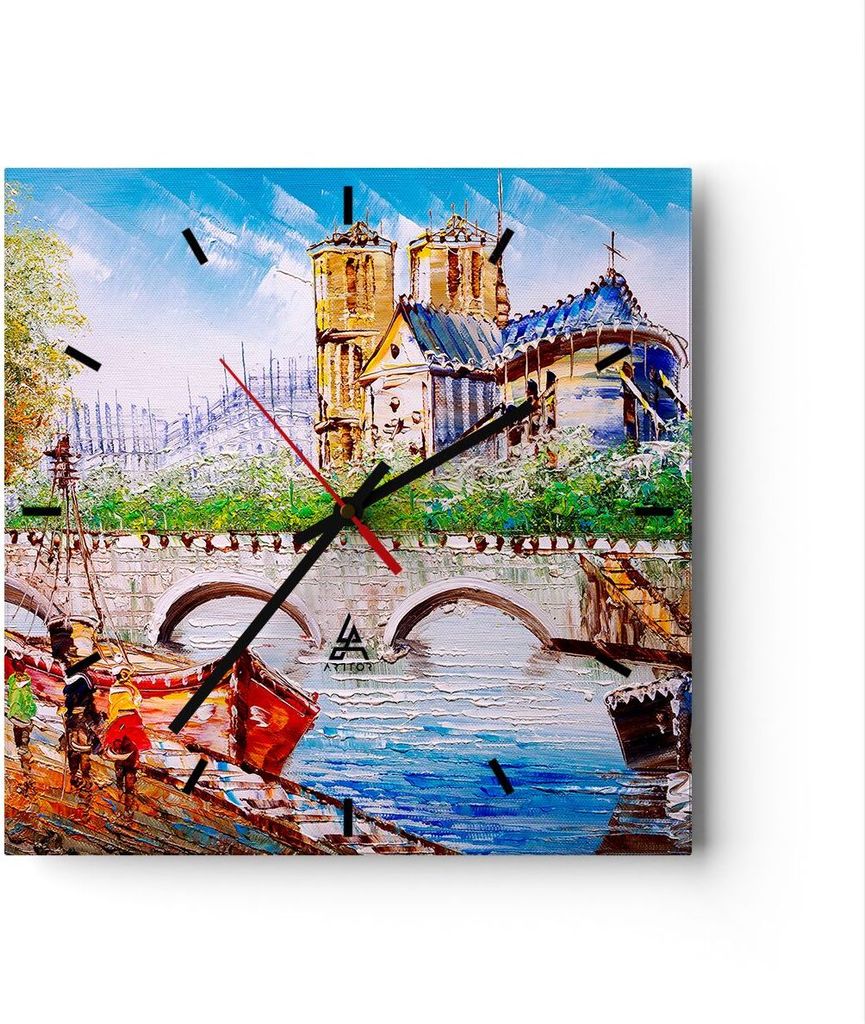 Wanduhr - Quadrat - Glasuhr - Boot Fluss Brücke Zeichnung - 30x30cm - Schleichendes Uhrwerk - Lautlos - zum Aufhängen bereit - Dekoration Modern ...