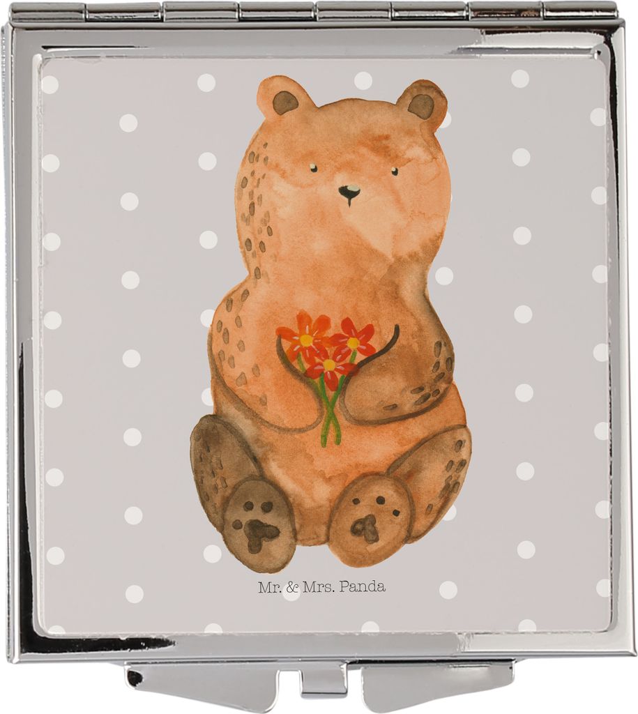 Mr. & Mrs. Panda Schminkspiegel Bär Dankbar - Grau Pastell - Geschenk, Blumen, Teddy, Klappspiegel, Dankeschön, Kleiner Spiegel, Taschenspiegel, ...