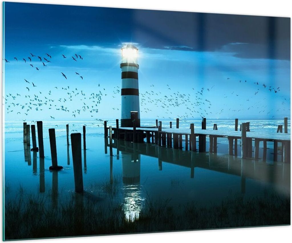 Bilder auf glas - Vögel see laterne wolke - 100x70cm - Glasbilder - Wandbilder - Kunstdruck - zum Aufhängen bereit - Wanddekoration aus Glas - Gl...