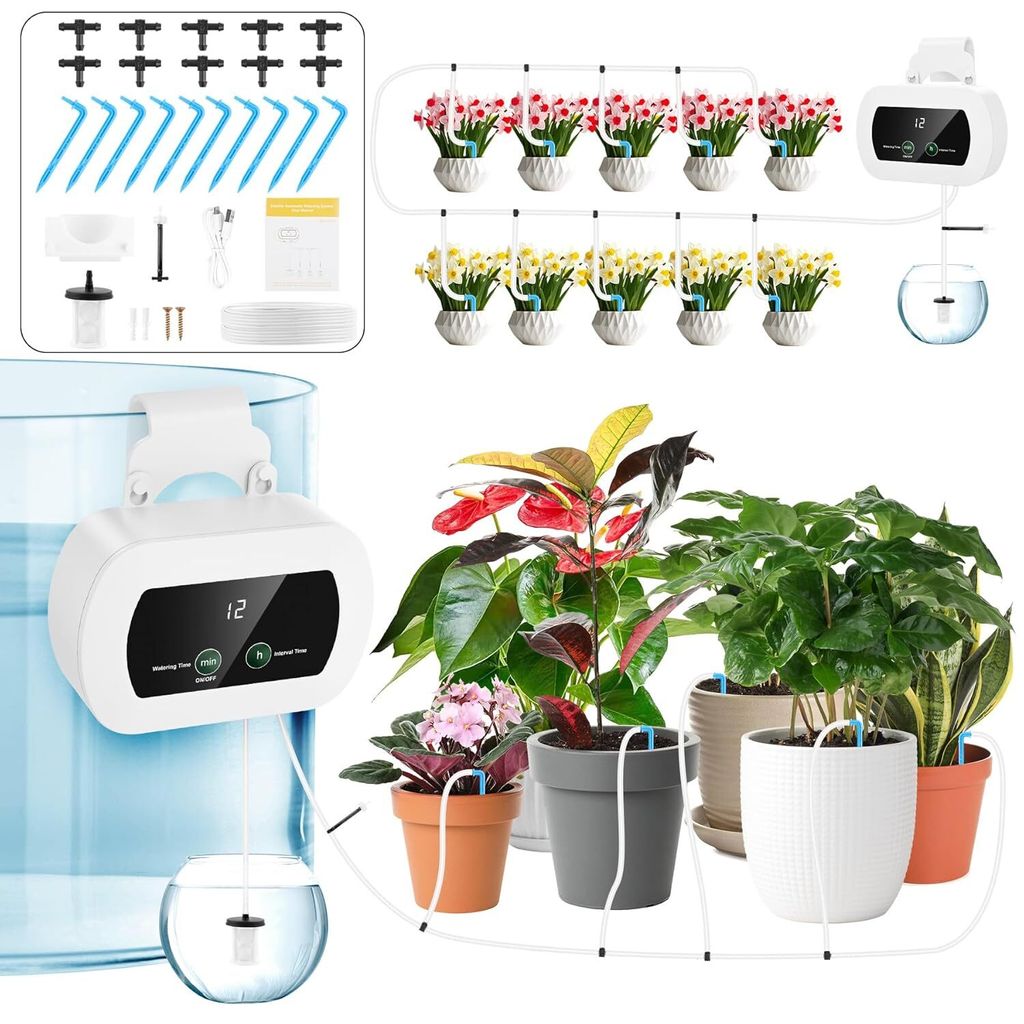 Bewässerungssystem Automatische Bewässerung für 10 Topfpflanzen, 300 Bewässerungsmodi Bewässerungssystem Indoor Wiederaufladbar mit 10M Schlau...