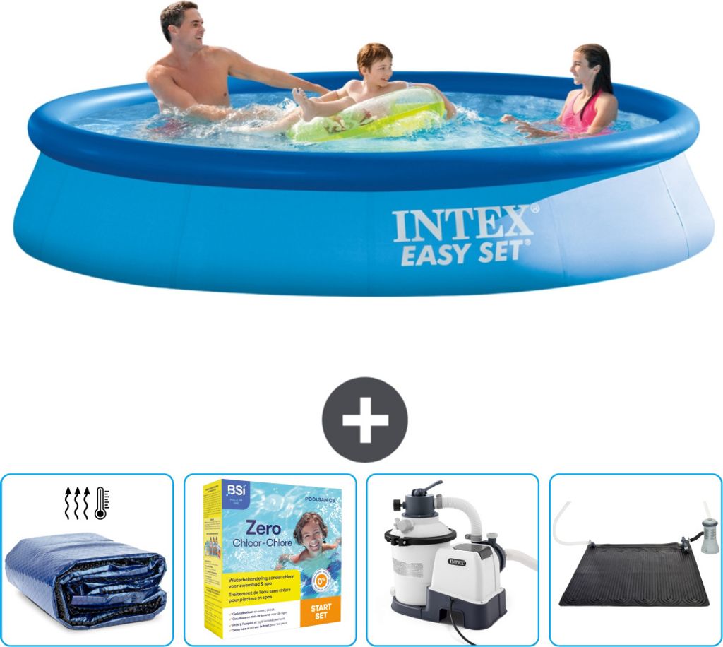 Intex runder aufblasbarer Easy-Set-Pool – 366 x 76 cm – Blau – im Lieferumfang enthalten Sonnensegel - Wartungspaket - Filterpumpe für Schwi...