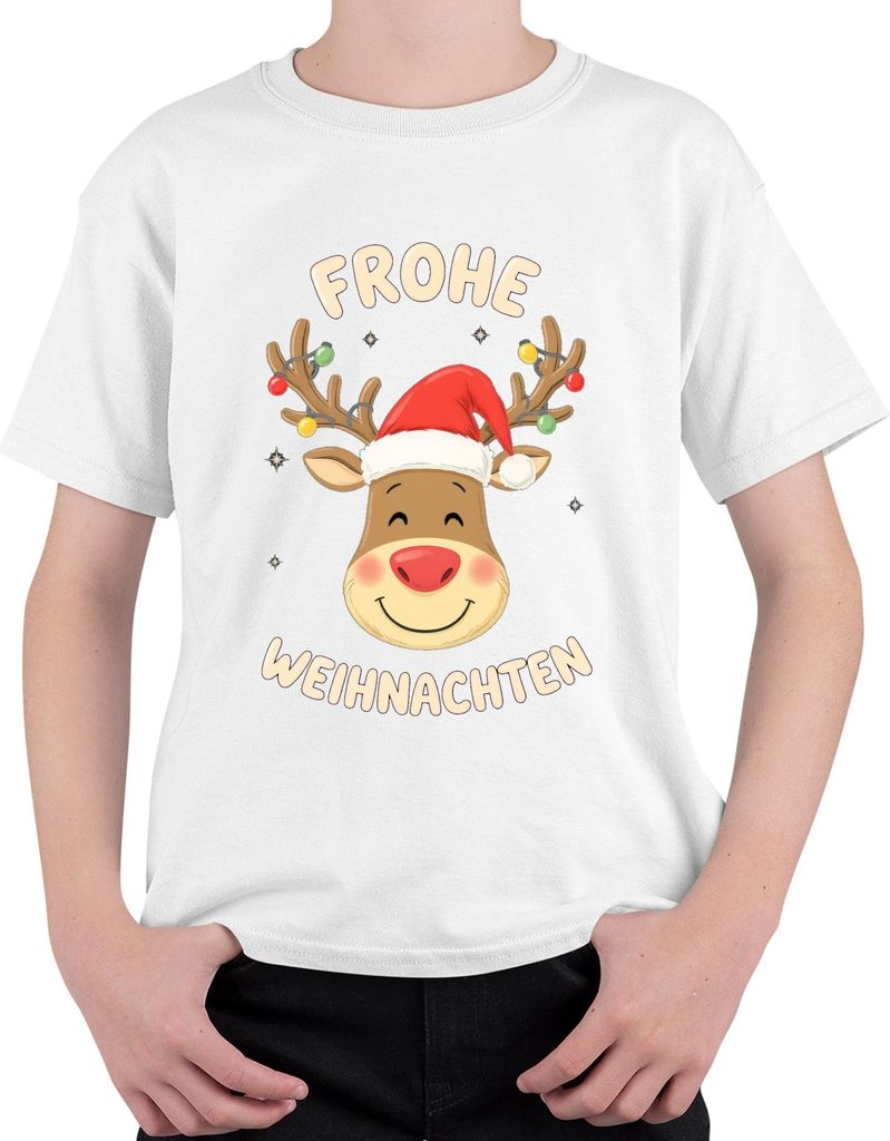Frohe Weihnachten Rentier Weihnachtsmütze Cartoon Kinder Lustig Uni Kinder T-Shirt, Weiß, 128