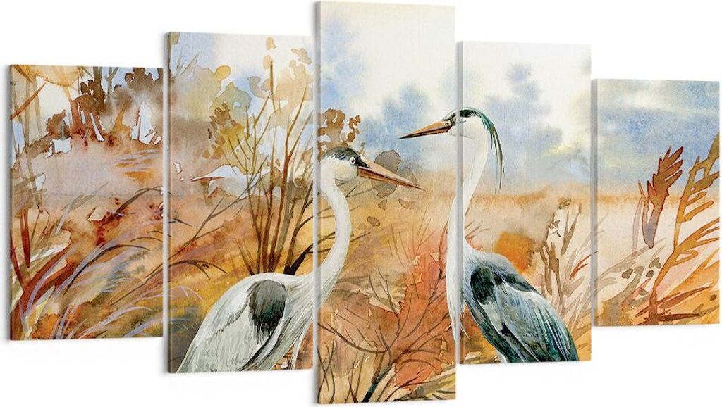 Bild auf Leinwand - Leinwandbild - 5 Teile - Kraniche Vögel Herbst - 160x85cm - Wand Bild - Wanddeko - Wandbilder - Leinwanddruck - Bilder - Wandd...