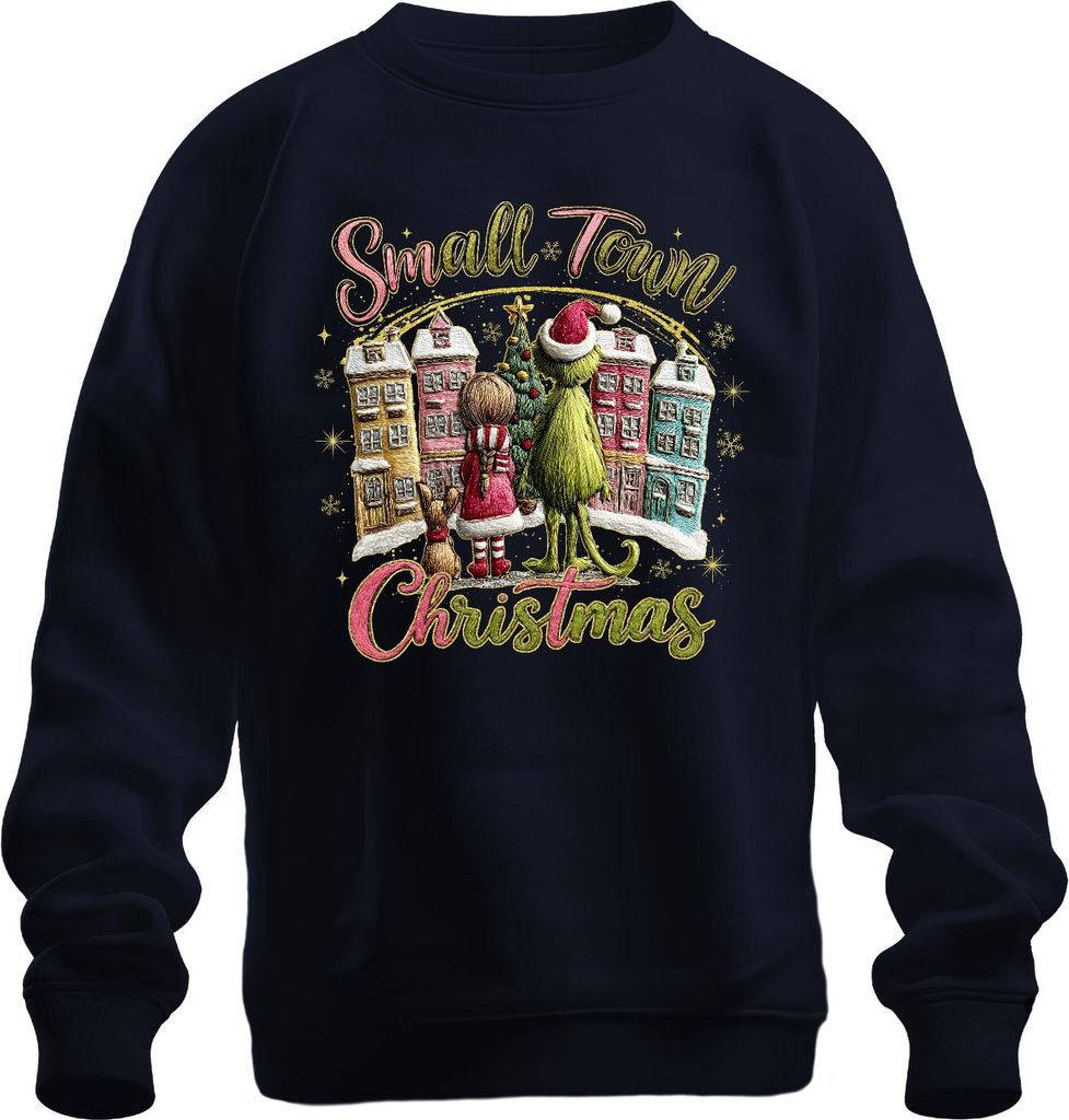 Small Town Christmas Grinch Mädchen Hund Weihnachtsbaum Vintage Uni Sweatshirt Pullover, Navy, S
