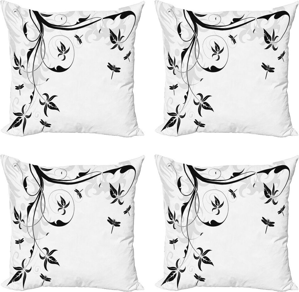 ABAKUHAUS Libelle Kissenbezug Set (4 Stück), Damast-Locken-Blätter, Moderner Doppelseitiger Digitaldruck, 40 cm x 40 cm, Pale Grau Schwarz Weiß