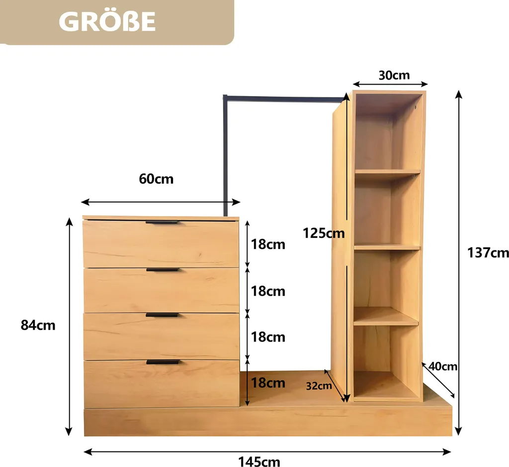 Commode WAOHO 4 tiroirs 4 étagères - Armoire entrée avec tringle métal - 2