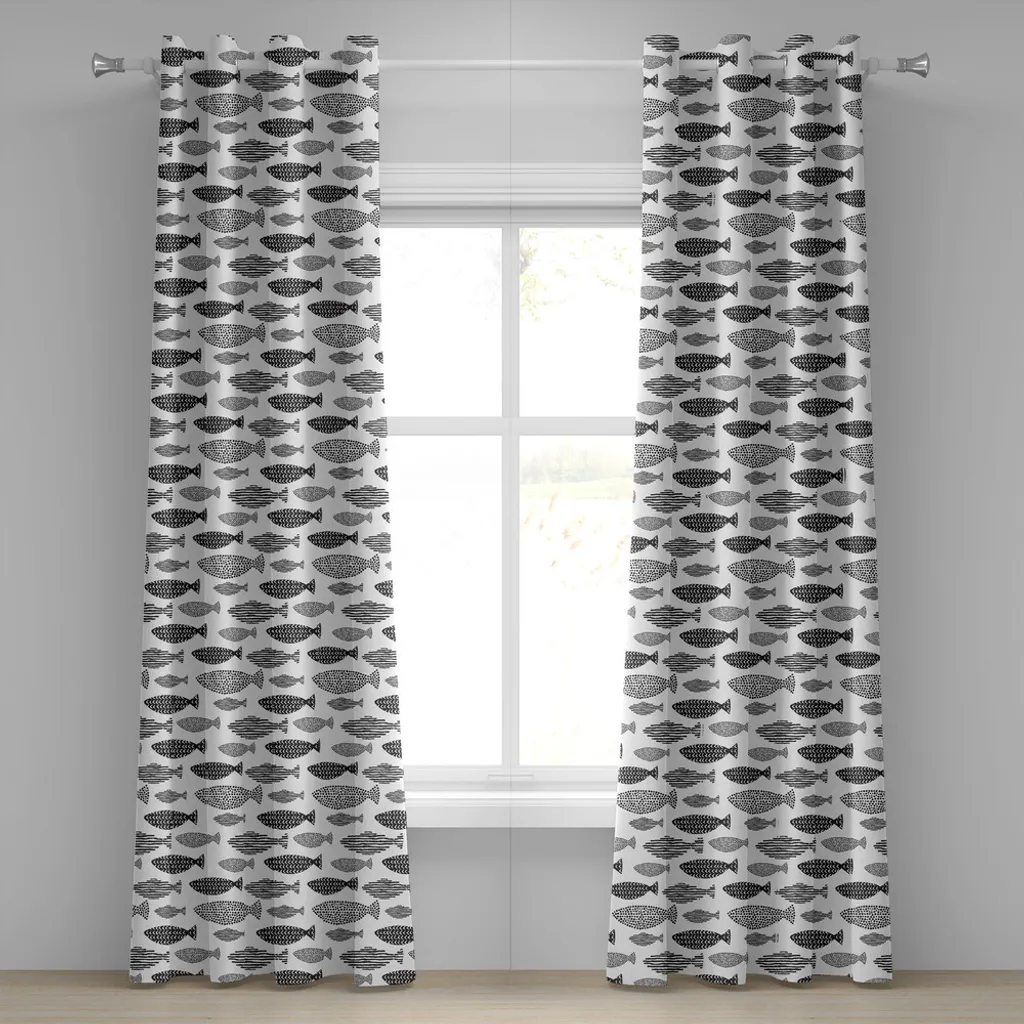 ABAKUHAUS Tenda con occhielli a forma di pesce, pesce minimalista con punti ridotti e linee a strisce Sea Animal Artistic Image, tende decorative a 2 pannelli, 280 cm x 245 cm, bianco nero