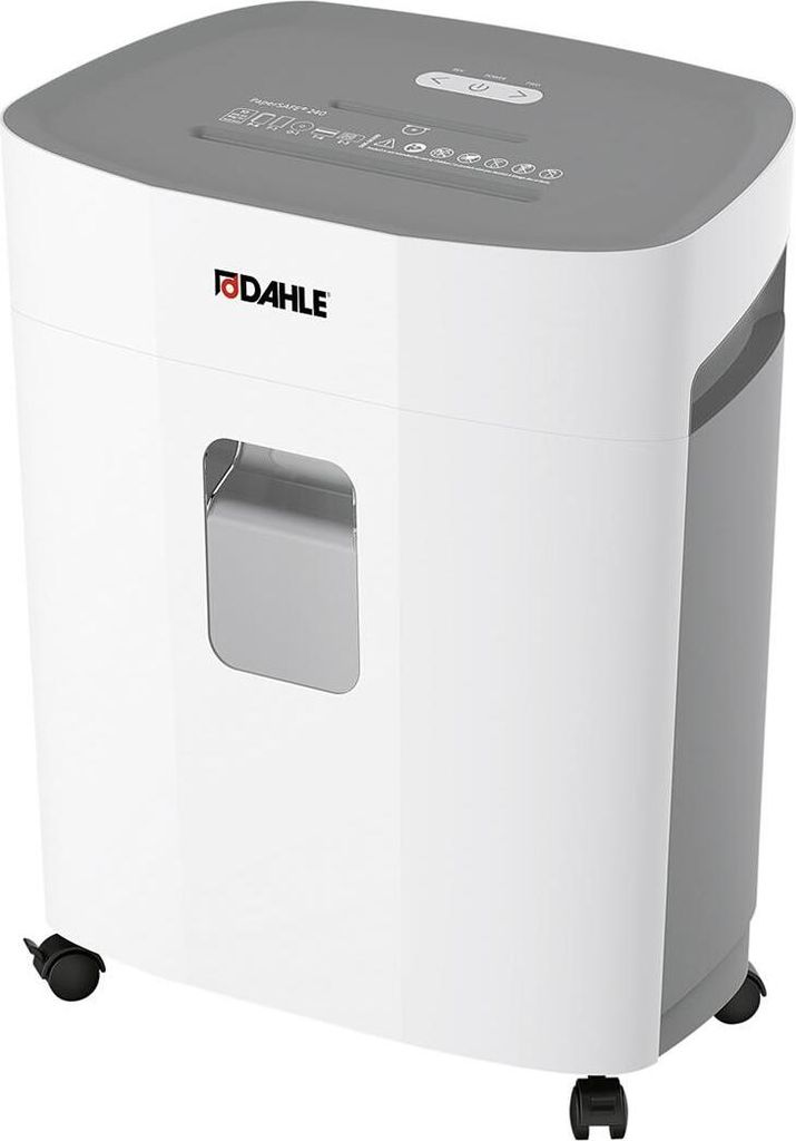 A white and gray Dahle paper shredder with black wheels is shown against a white background.