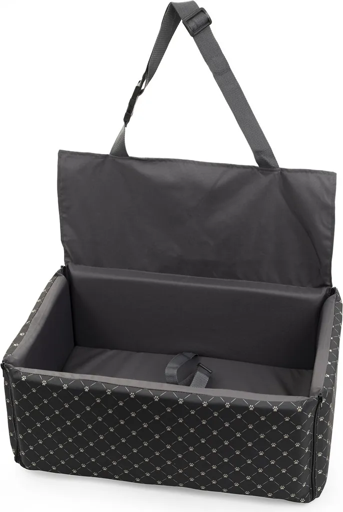 Seggiolino auto per cani con copertura del sedile posteriore Seggiolino per cani Letto per cani in poliestere Colore: nero/Modello: zampe Dimensioni: XL (80x60 cm)
