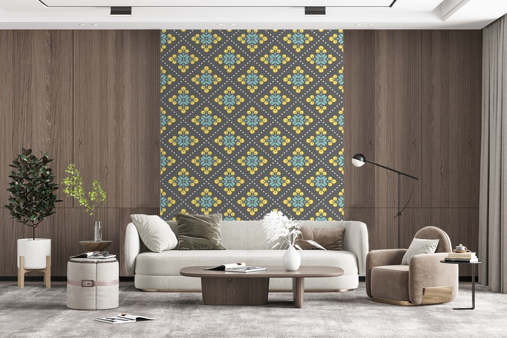 MuchoWow Fototapete für Wohnzimmer oder Schlafzimmer Wandtapete Vinyl Motivtapete Design - Kariert - Blumen - Grau - 160x220 cm - Bildschirmhint...