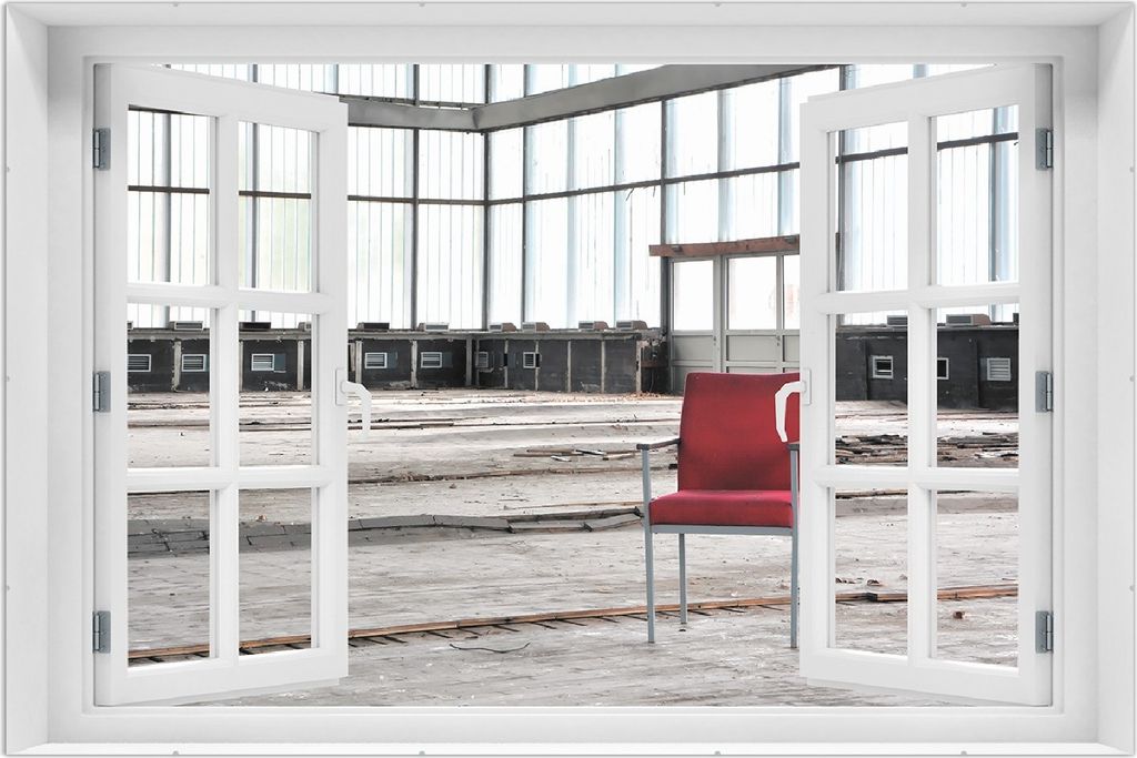 Wallario Wandbild mit Fenster-Illusion: Stille und Leere - ein einsamer roter Stuhl in einer alten Halle, Größe: 61 x 91,5 cm, Poster mit rahmenl...