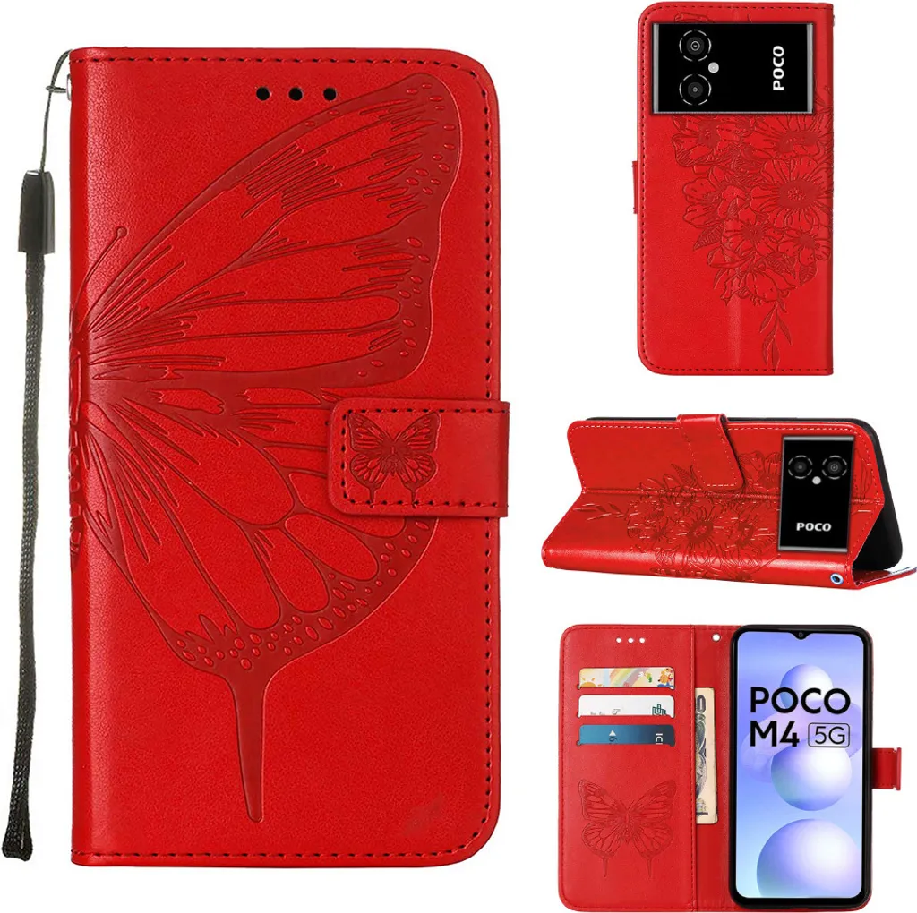 Xiaomi Poco M4 5G Case, Butterfly Relief Flip Custodia in pelle con tasche per schede e stand per Xiaomi Poco M4 5G / Poco M5 5G rosso