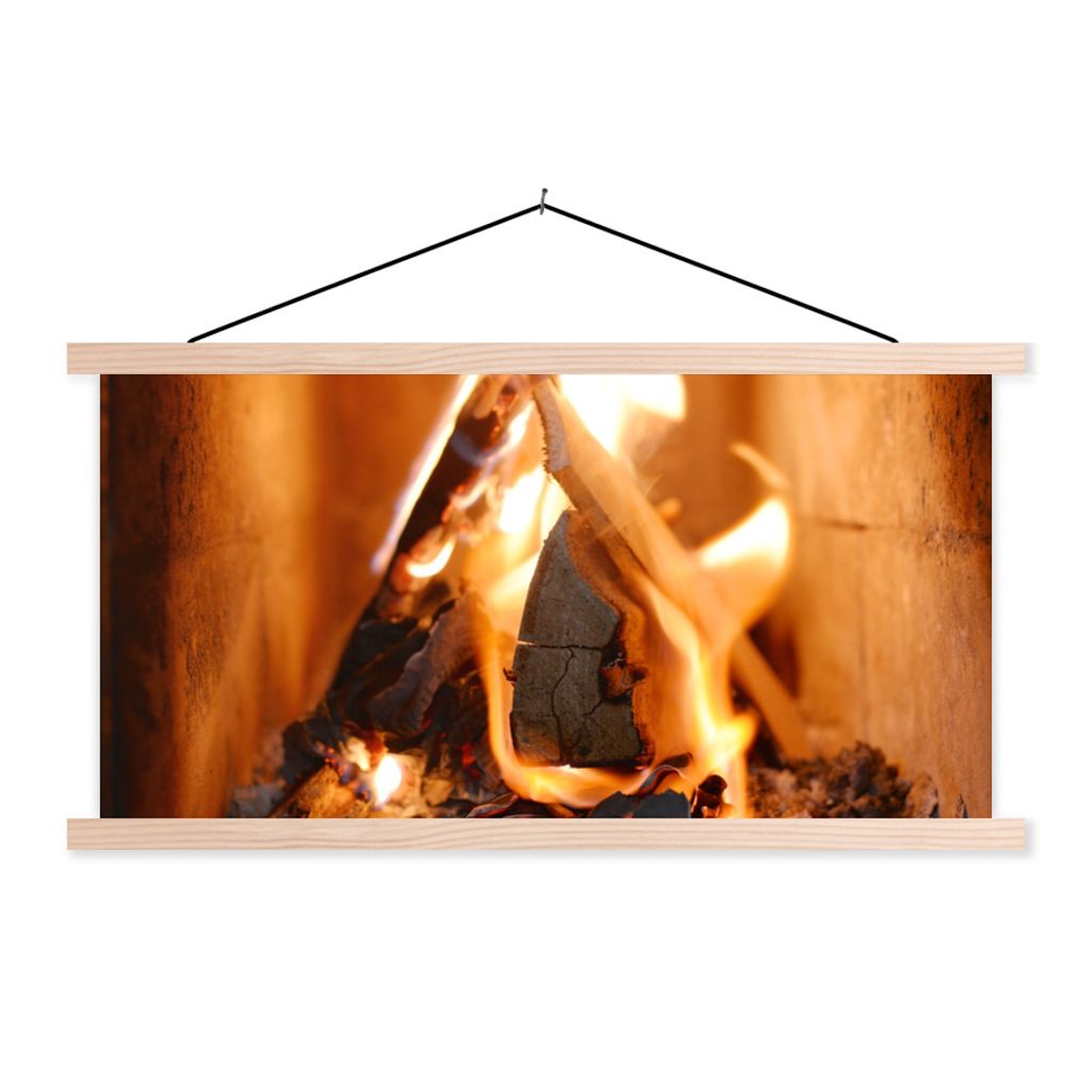 MuchoWow Textilposter Verbrennung von Holz in einem Kamin 120x60 cm mit holzfarbenen Rahmen - Klemmleiste