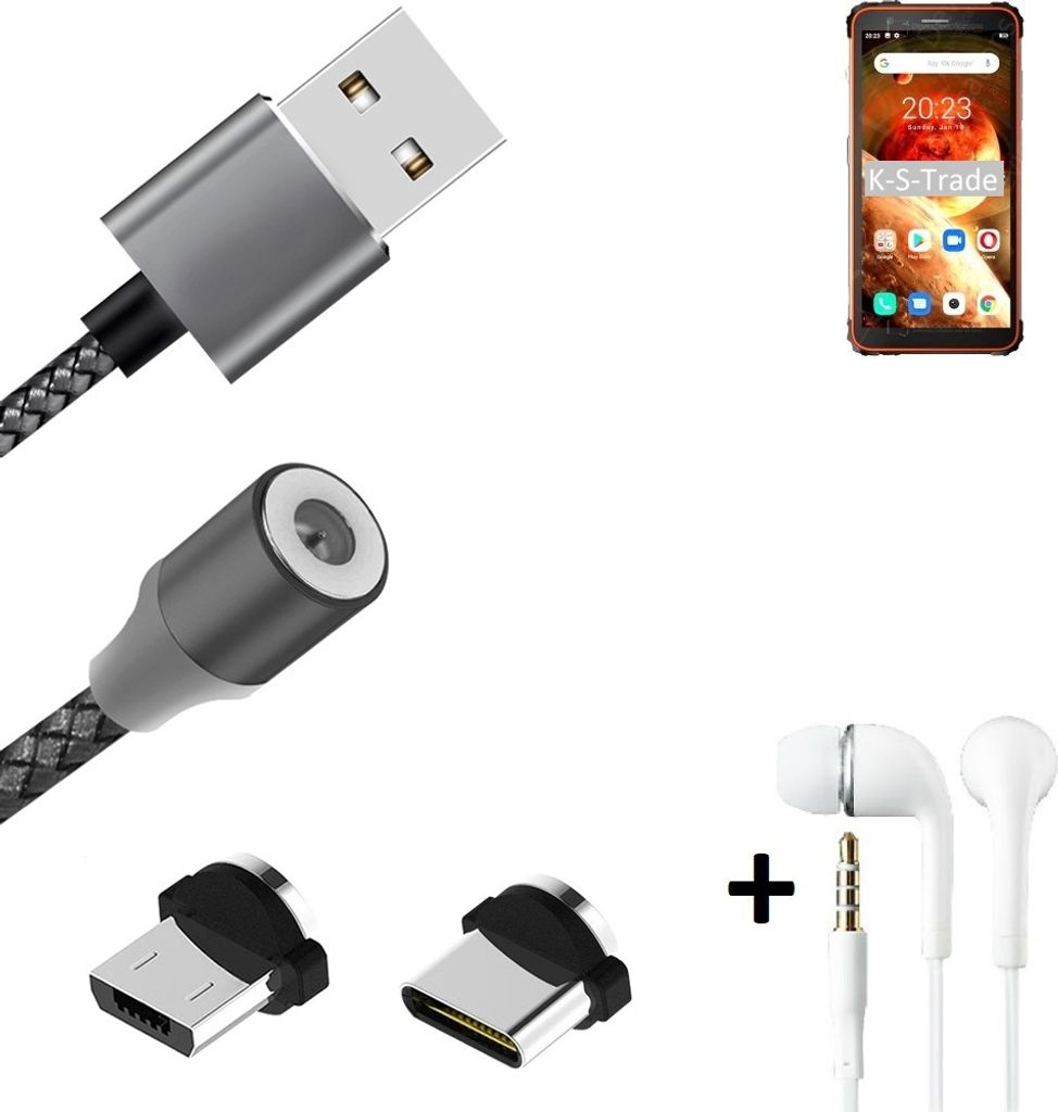 K-S-Trade Hochwertiges Magnet-Lade-kabel Sync-Kabel Daten-Kabel + Kopfhörer kompatibel mit Blackview BV6600 mit USB-Typ-C-Anschluss und