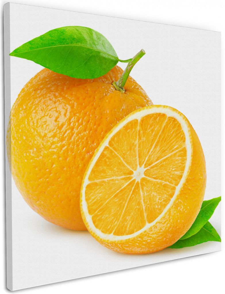 Wallario Premium Leinwandbild Saftige Orangen vor weißem Hintergrund in Größe 50 x 50 cm