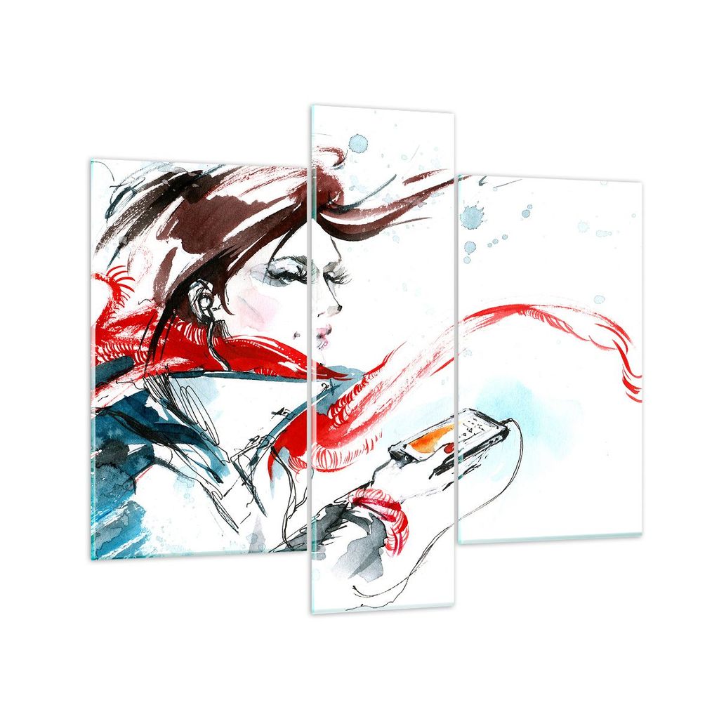 Bilder auf glas - Frau Schal Telefon Illustration - 95x80cm - Glasbilder - Wandbilder - Kunstdruck - zum Aufhängen bereit - Wanddekoration aus Gla...