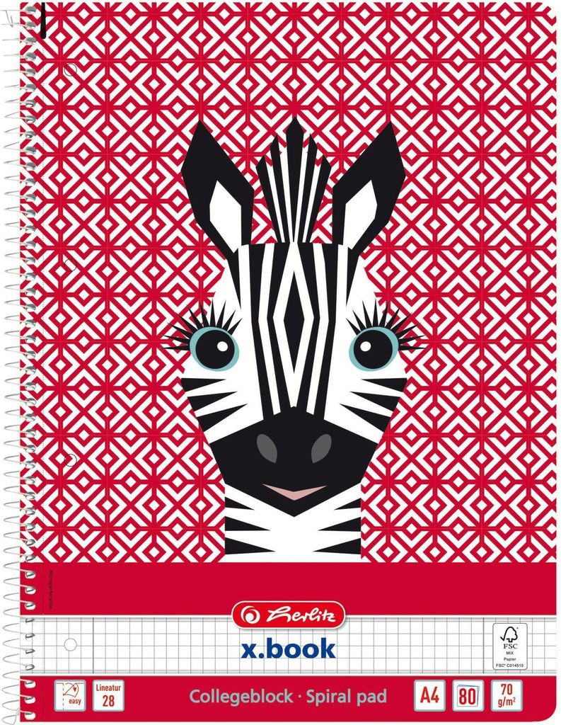 herlitz Collegeblock "Cute Animals Zebra" DIN A4 kariert mit 2 Rändern 80 Blatt