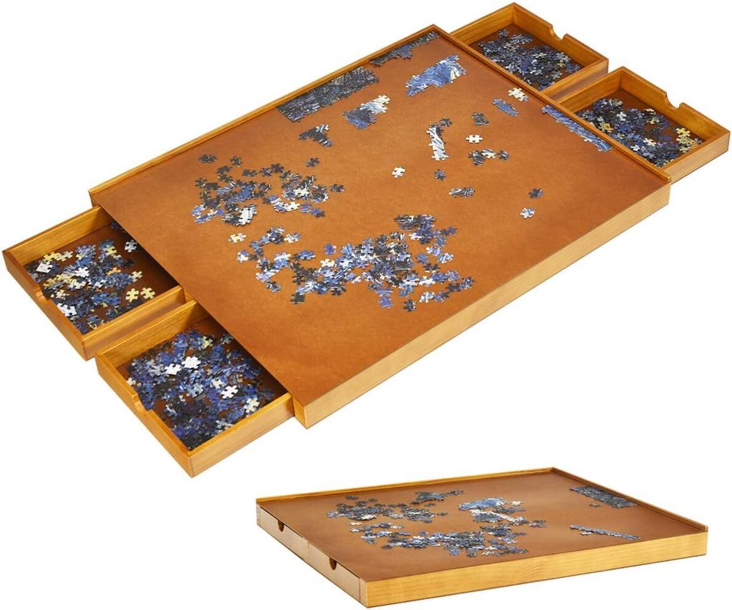 DREAMADE Puzzletisch Holz, 80 x 65cm, Puzzleboard mit 4 Schubladen, Puzzle-Speichersystem mit ebener Arbeitsfläche, Puzzlematte, für 1000-1500 Teile