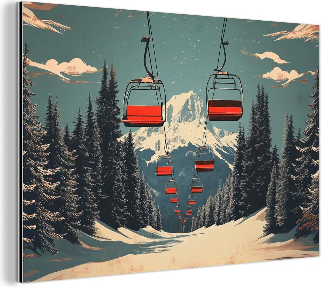 MuchoWow Wanddekoration Metall Metallbild Wandkunst 150x100 cm Schnee - Skilift - Rot - Bäume MuchoWow Aluminium Gemälde - Alu Dibond Bild