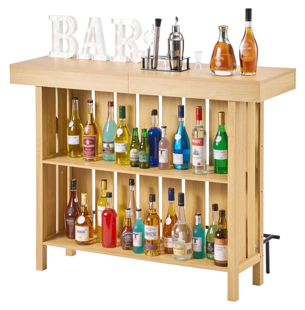 Hausbar - Bartresen für Wohnzimmer & Keller - 3 Ebenen mit viel Stauraum - Holzwerkstoff mit Fußstütze - Halter für Flaschenöffner - Bis 81,6 ...