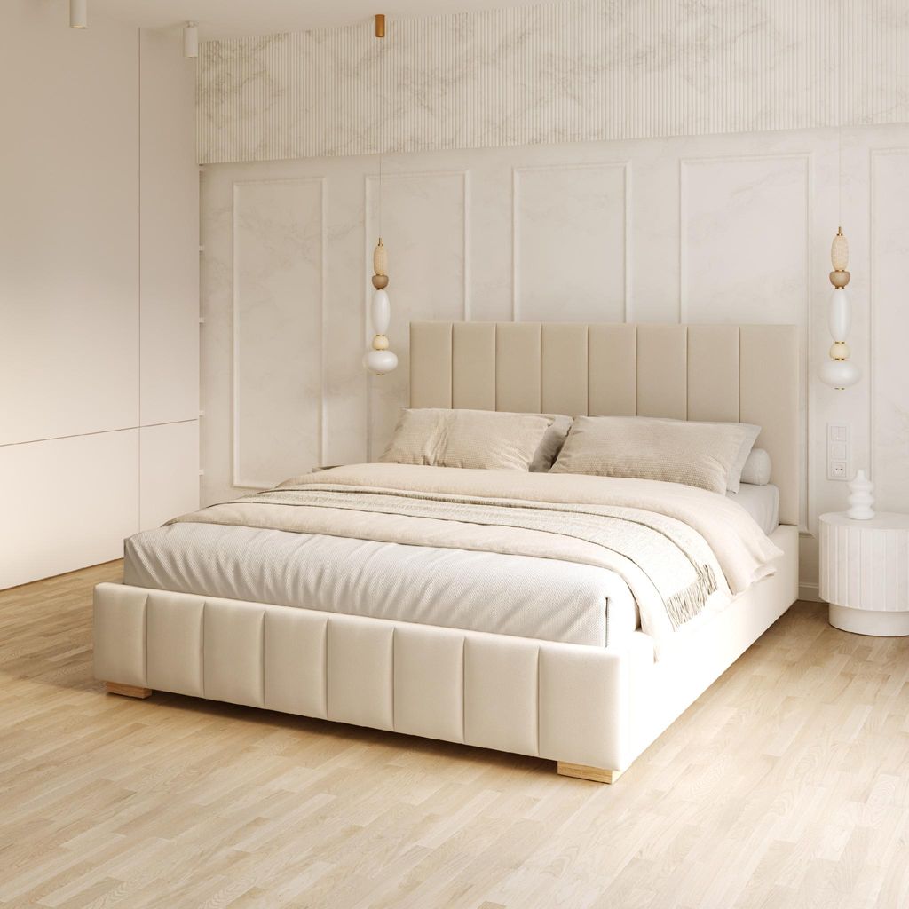 FDM Bett DENTON Paris 140x200 cm Polsterbett mit Lattenrost aus Metall Bettkasten Stauraumbett Samt cream