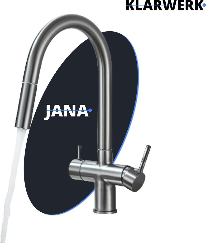 Jana | 3 Wege Premium Titangrau matt ausziehbare Armatur | Edelstahl Osmose Wasserhahn Küche |Mischbatterie 360 Grad |Filter 3 Anschlüsse hoher ...