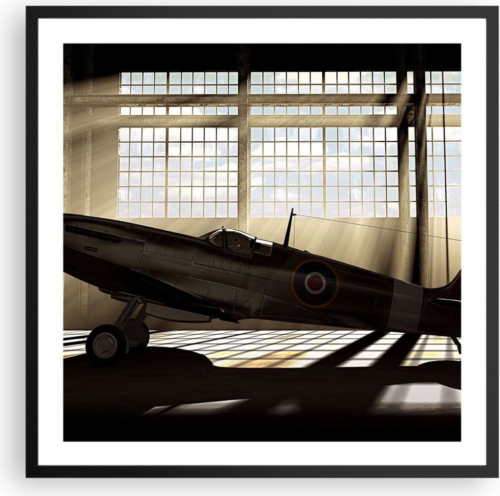 Gerahmtes Poster - Schwarzer Rahmen - Airplain Hangar Flug historisch - 60x60 cm - Wand Bild - Wanddeko - Wandbilder - Wandposter - Bilderrahmen - ...