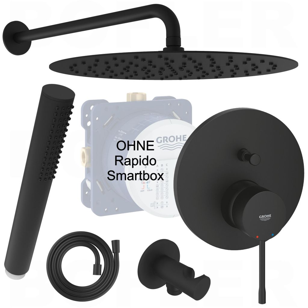 GROHE Essence New Unterputz Armatur | Inkl. BOFLER Duschset Duschsystem Duschanlage #2-O, Regendusche Ø30cm, Brausearm, Brauseset, matt schwarz