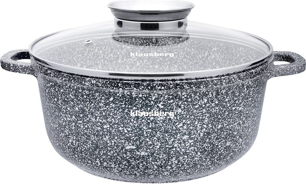 A speckled gray pot with a glass lid and silver handles, shown from a front-side angle against a white background.