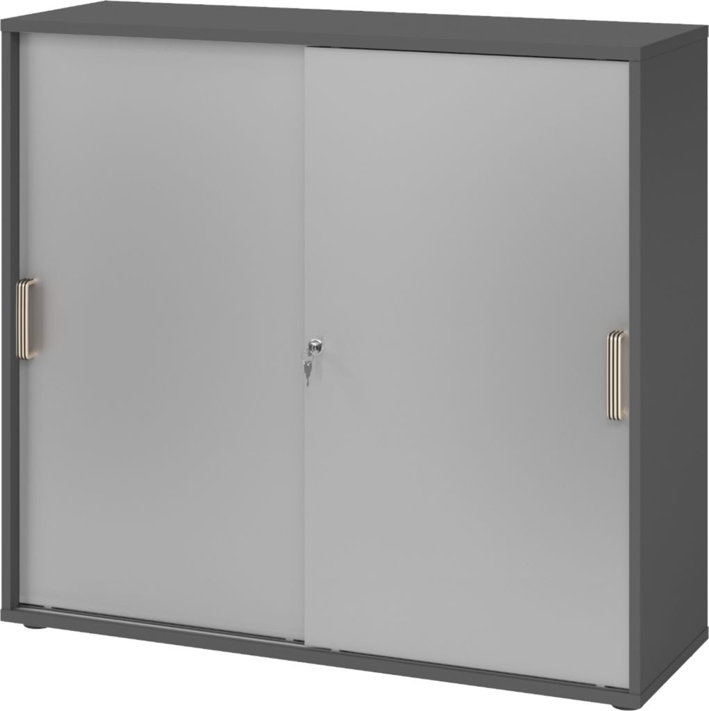 bümö Schiebetürenschrank office - 3 Ordnerhöhen - Griff: Streifengriff (Kunststoff), Nachbildung: Graphit/Silber