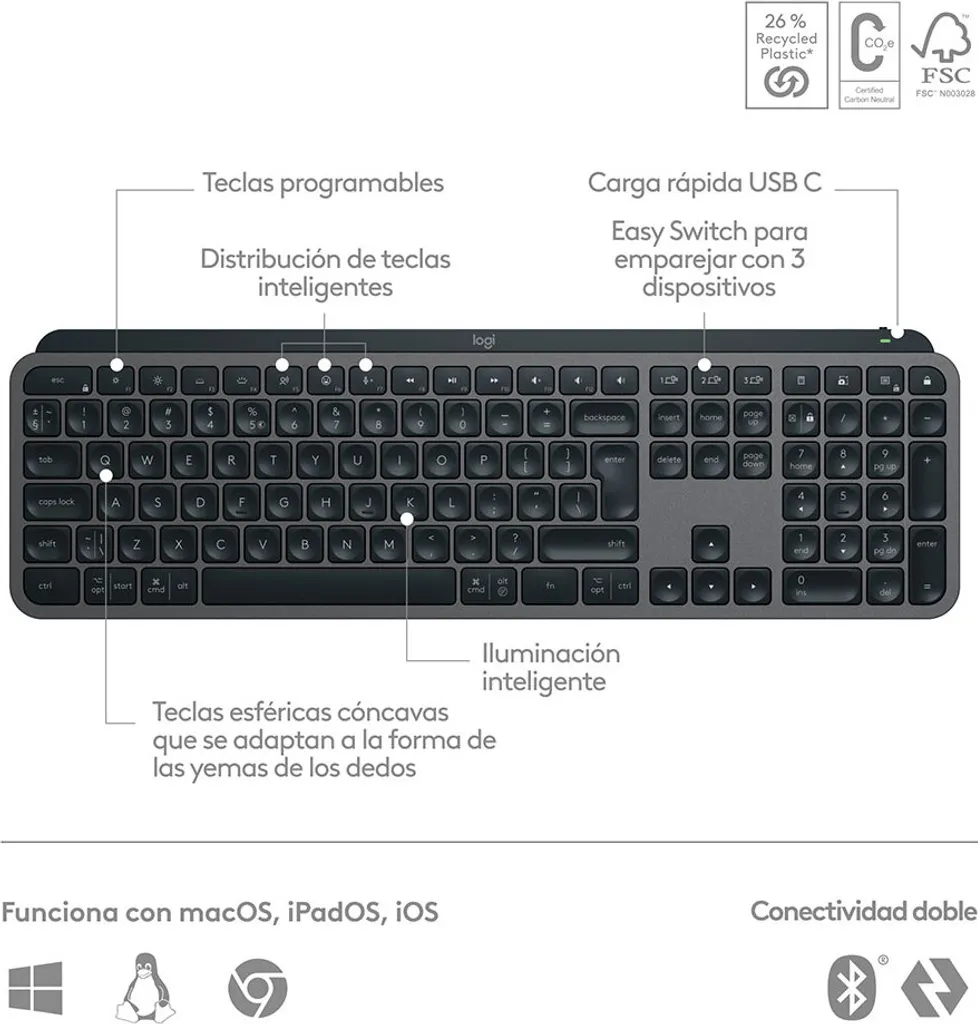 MX Keys S Logitech sans fil Bluetooth, clavier QWERTY à ciseaux LED - 7