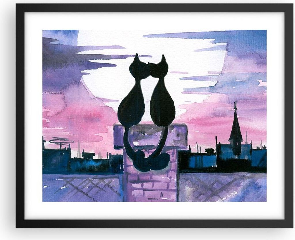 Gerahmtes Poster - Schwarzer Rahmen - Katzen Dach Liebe Tier - 50x40 cm - Wand Bild - Wanddeko - Wandbilder - Kunstposter - Wandposter - Bilderrahm...