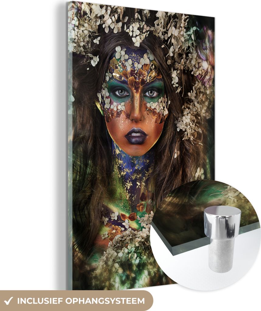 MuchoWow Glasbilder - Bilder auf Wandbild - Foto auf Glas Frau - Blumen - Farbe 60x90 cm Wanddekoration aus Glas - Acrylglasbild - Acrylbilder - Pr...