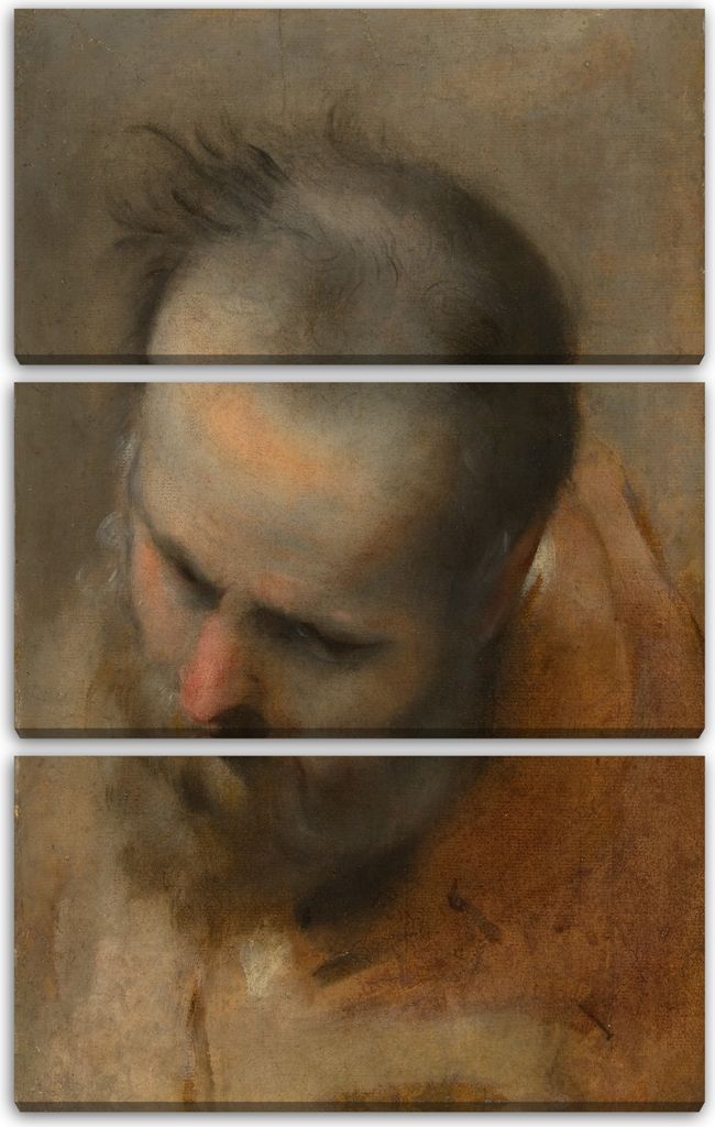 Leinwandbild 3-teilig (80x120cm): Federico Barocci - Kopf eines bärtigen Mannes, der nach links unten schaut (Nikodemus), echter Holz-Keilrahmen i...