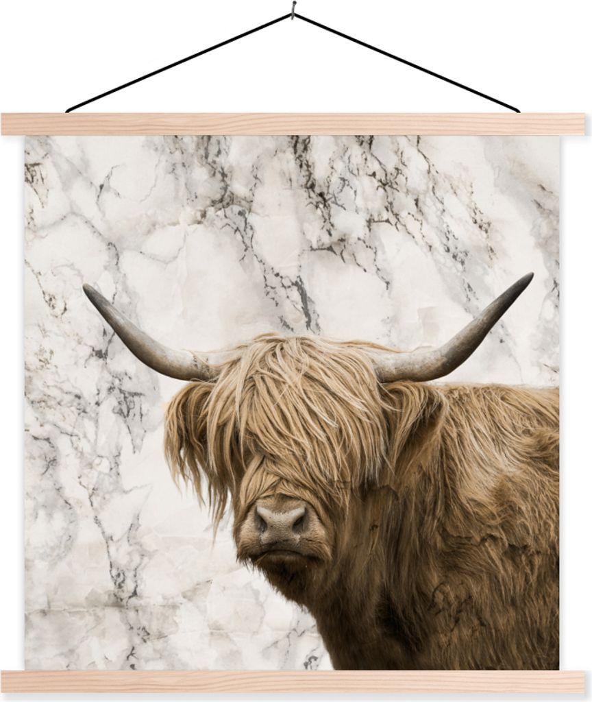MuchoWow Textilposter Schottisches Hochlandrind - Marmor - Tiere 60x60 cm mit holzfarbenen Rahmen - Wanddekoration