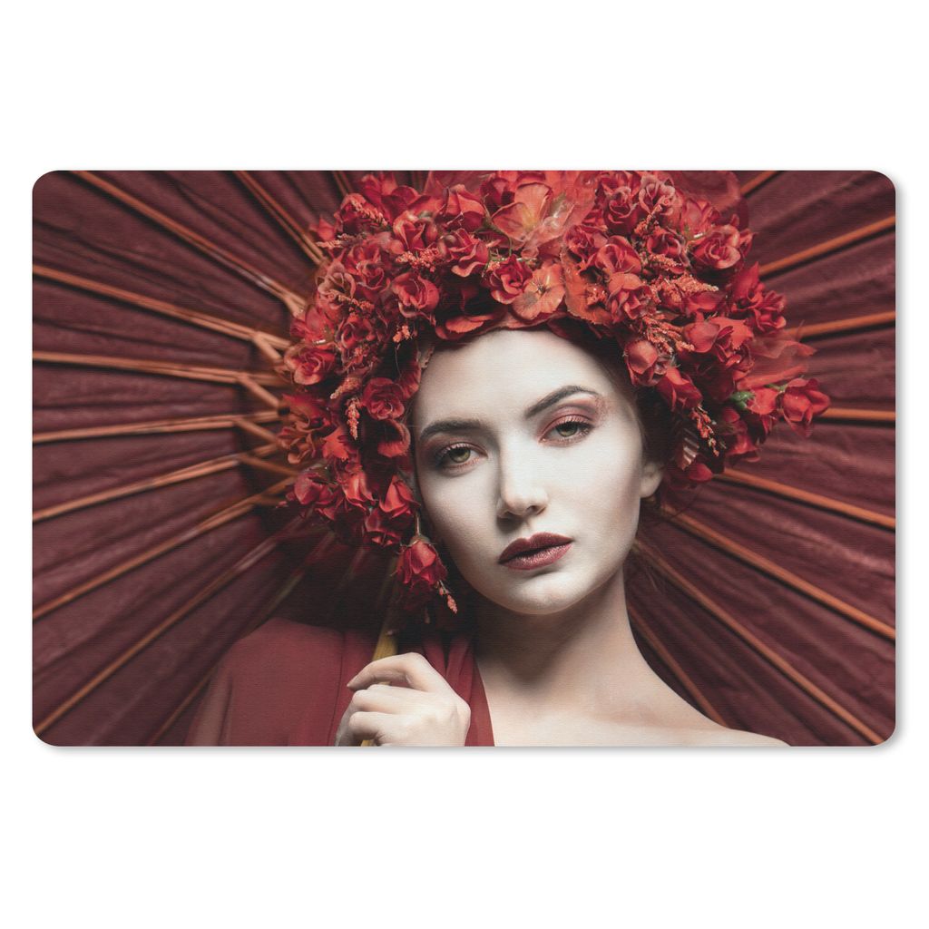 MuchoWow Schreibtischunterlage Frau - Rot - Porträt - Regenschirm 60x40 cm - XXL Mauspad - Großes Mauspad