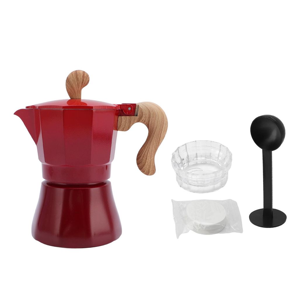 Italienische Kaffeemaschine, 150 ml, Einzelventil-Kaffeekanne mit Kaffeeverteiler, Löffel, Papierfilter, 3 Tassen, Farbverlauf Rot