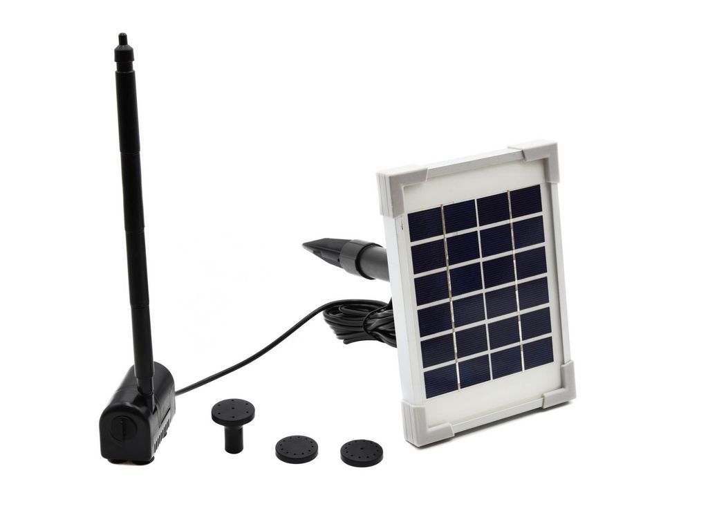 A solar-powered water pump kit with a solar panel, pump unit, and accessories, displayed on a white background.
