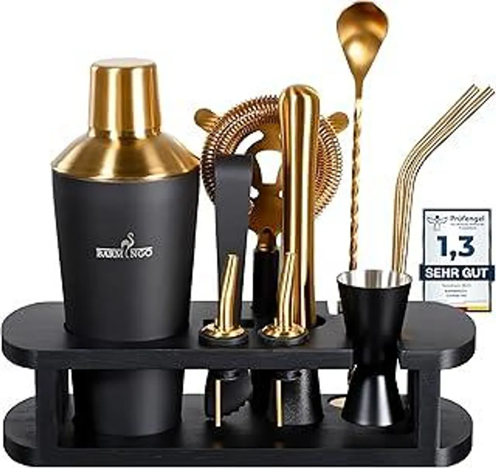 Set da cocktail in acciaio inossidabile 11 pezzi - Set shaker da cocktail da 700 ml con supporto e accessori da bar, set shaker da cocktail | Set barman | Set da cocktail | Set da bar | Set regalo | Nero e oro