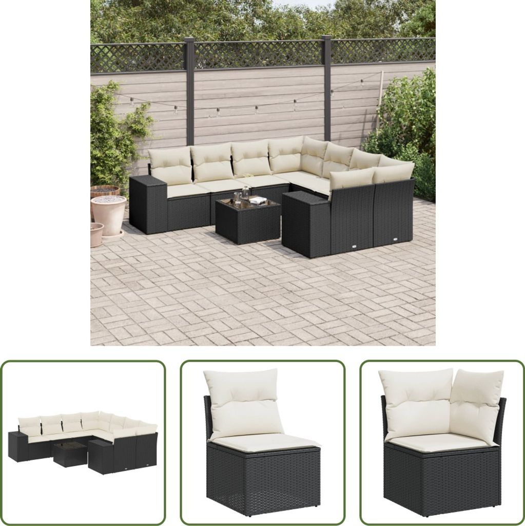 The Living Store 9-tlg. Garten-Sofagarnitur mit Kissen Schwarz Poly Rattan