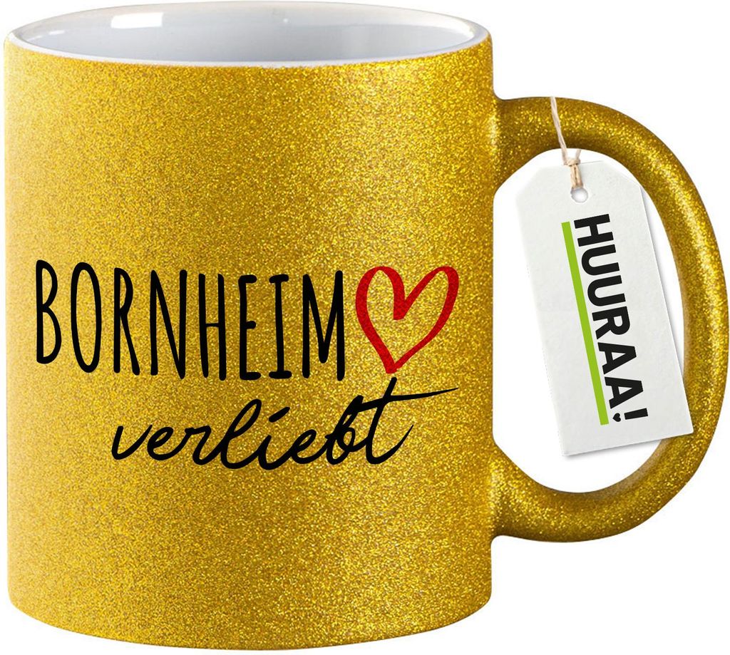 Huuraa Glitzertasse Bornheim verliebt 330ml Gold Keramik Kaffeebecher Geschenkidee